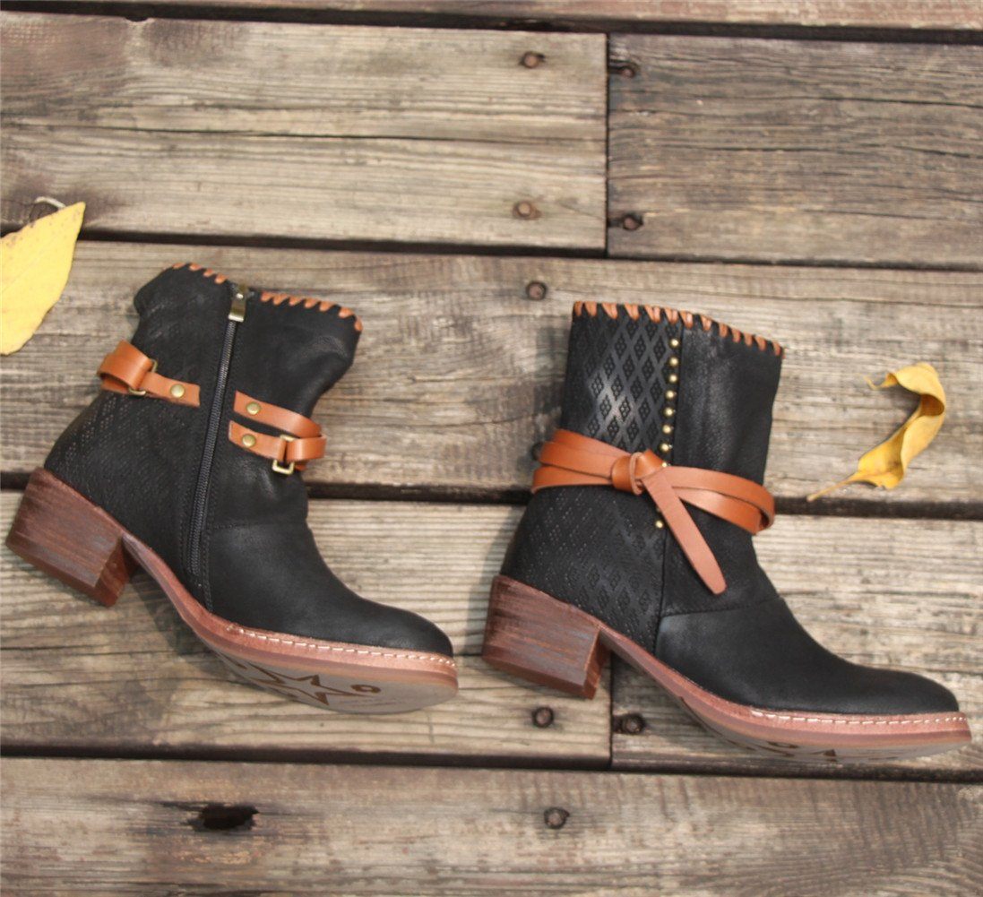 Women'S Leather Heeled Ankle Boots Retro Rivet Comfortable Walking Round Toe Black