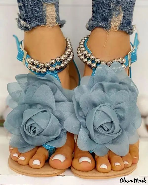 Mesh Flower Embellished Beaded Flat Sandals