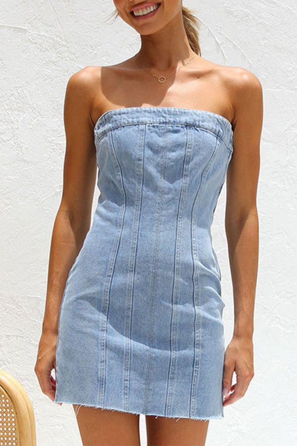 VINTAGE DISTRESSED BANDED STRAPLESS DENIM BODYCON MINI DRESS - LIGHT BLUE