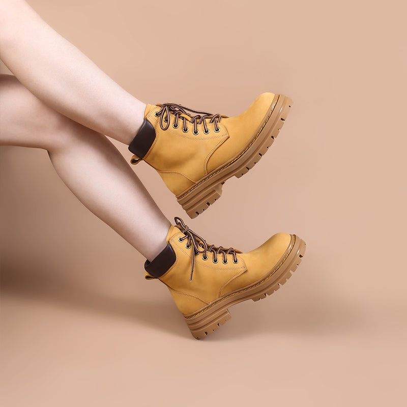 Women's Handmade High Lace-up Boot in Nubuck Calfskin Waterproof Platform Boots
