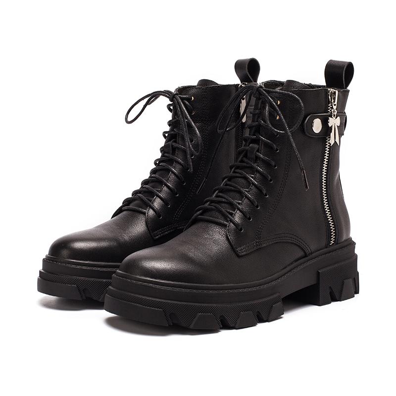 Fashion Cowhide Combat Boots Designer Retro Chunky Riding Boots Side Zip Black Matte / Black Smooth / Black Litchi