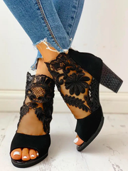 Black Floral Lace Mesh Block Heel Sandals Boots