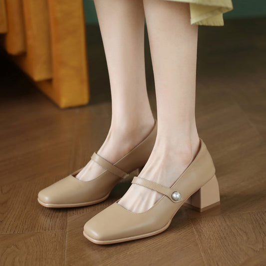 Kassia Square Toe Block Heels Mary Jane Shoes