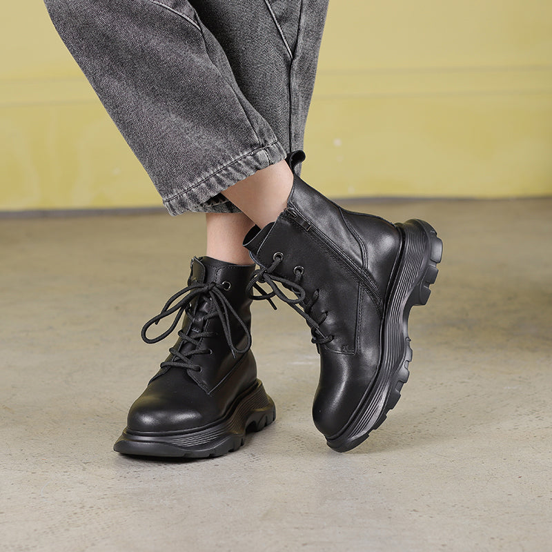 Winter Boots Handmade Genuine Leather Lace-Up Combat Boots Retro Chunky Platform Boots Black/ Coffee