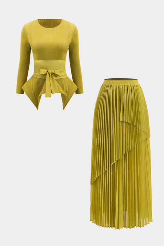 Tie Front Long Sleeve Top And Pleated Skirt Set