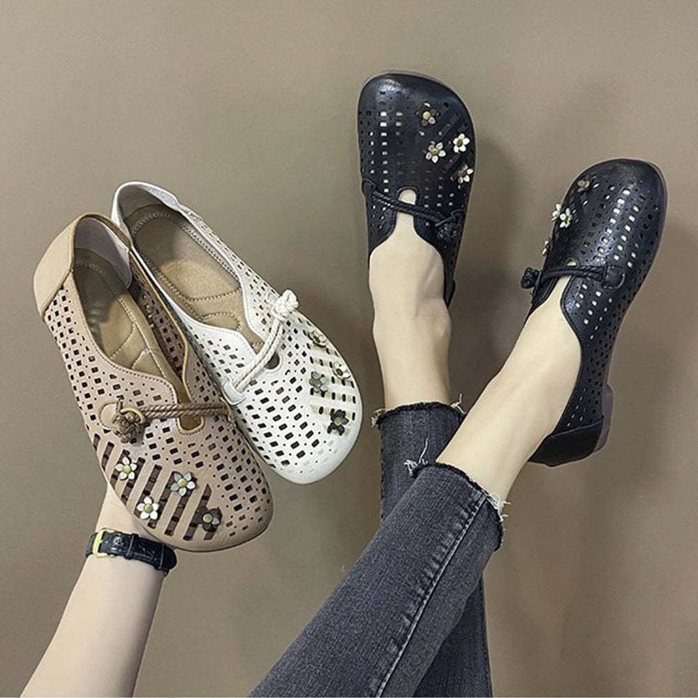 Vintage Flower Hollow Out Round Toe Flats