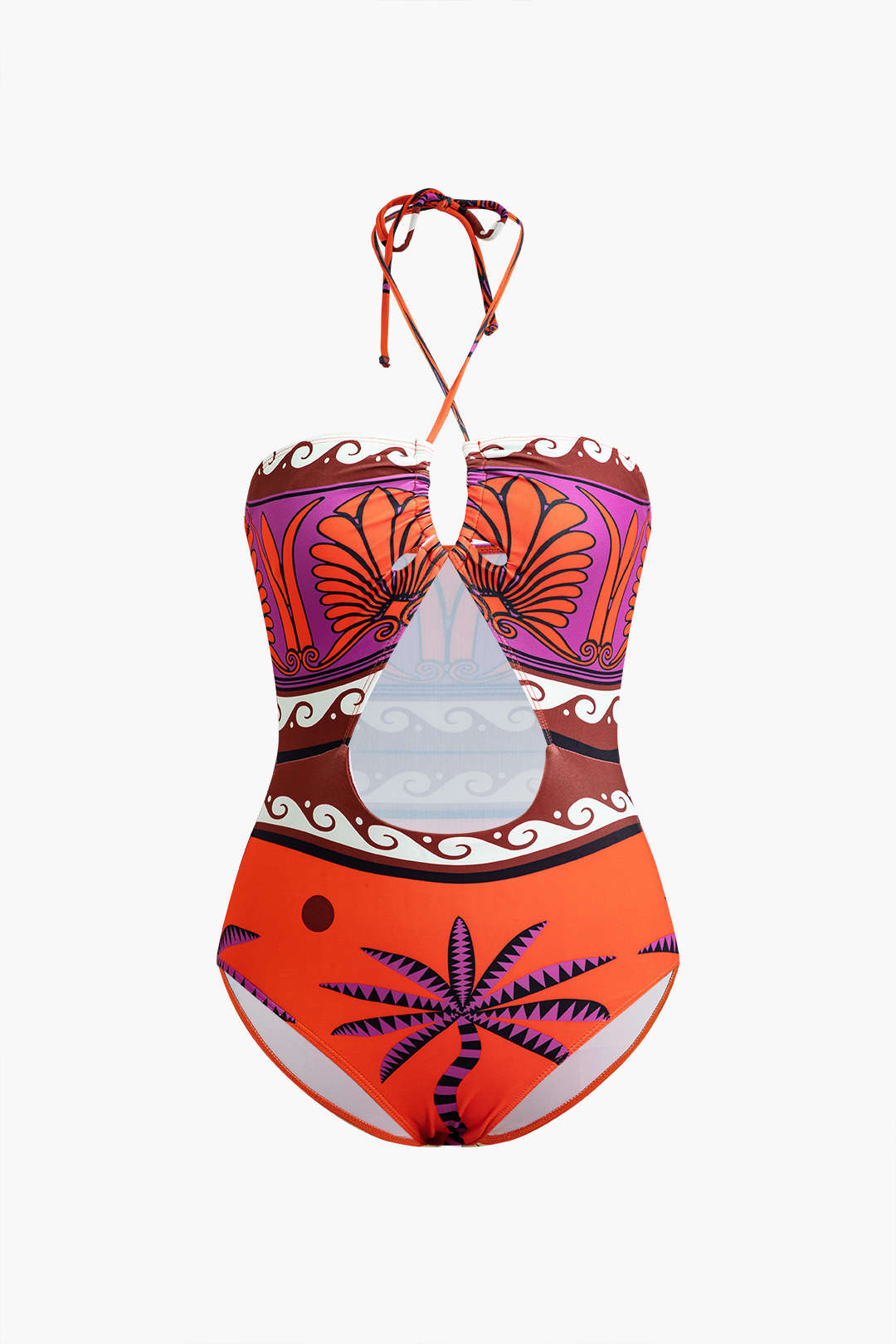 Tropical Print Chiffon Ruched Cut Out Tie Up Tummy Control One-Piece Swimsuit