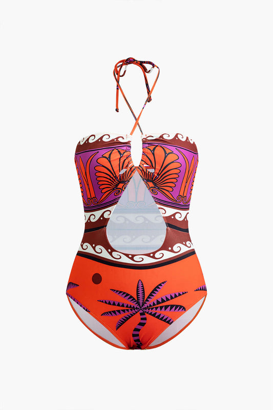 Tropical Print Chiffon Ruched Cut Out Tie Up Tummy Control One-Piece Swimsuit