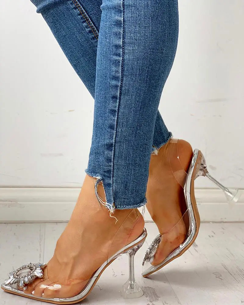 Rhinestone Pointed Toe Transparent Thin Heels