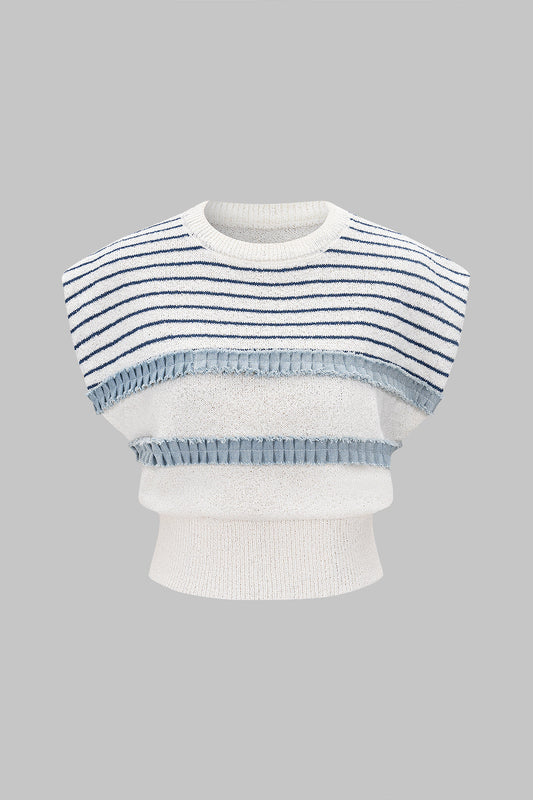 Stripes Print Knit Patchwork Short-Sleeve Top