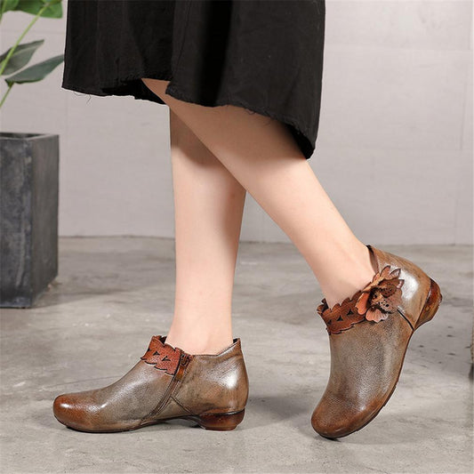 Retro Booties For Women Brush-Off Leather Handmade Flat Ankle Boots Taupe