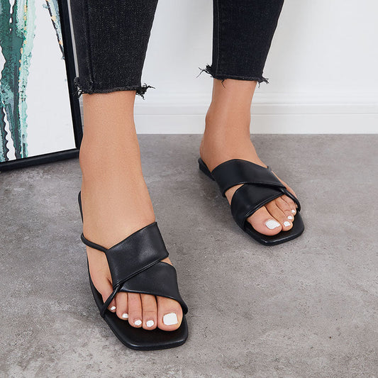 Criss Cross Slide Sandals Casual Square Toe Flat Slippers