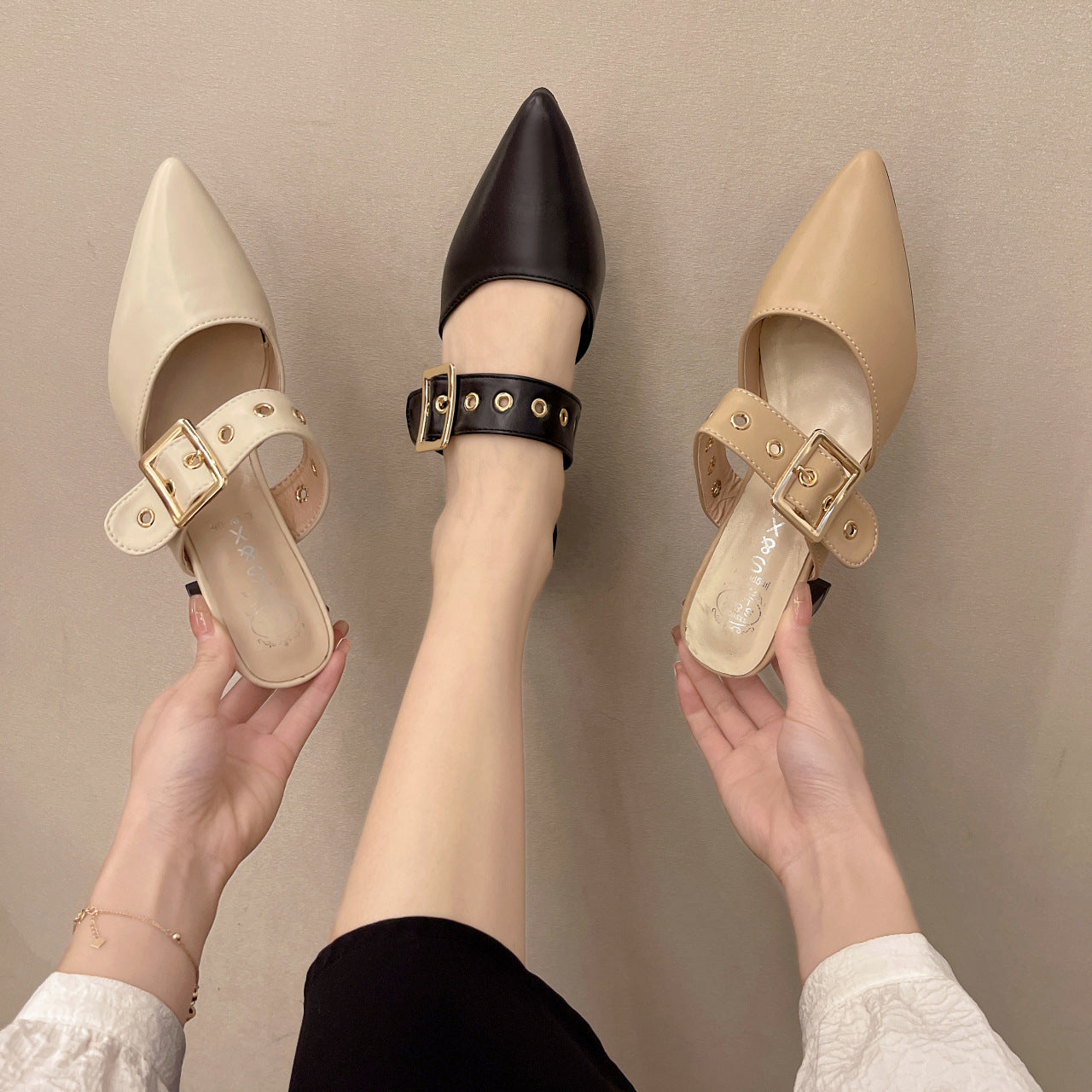 Women's Cap Semi High Chunky Pointed Belt Sandals