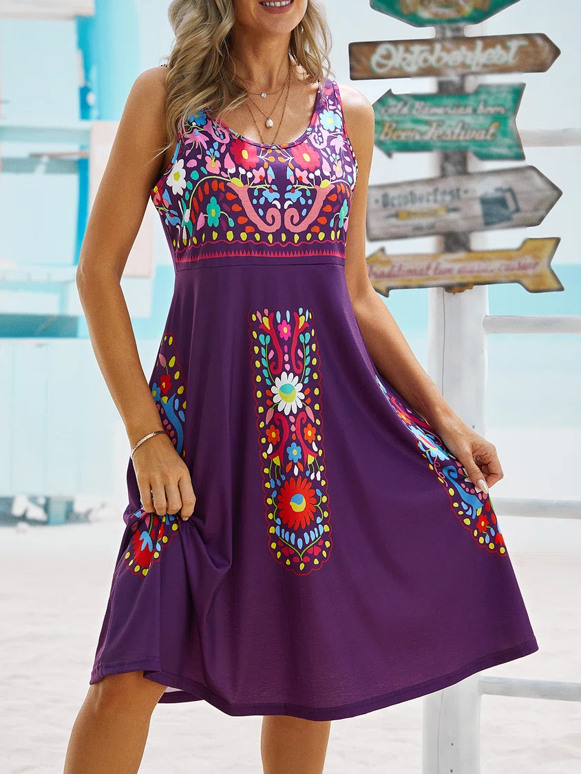 Crew Neck Tribal Sleeveless Knitting Dresses