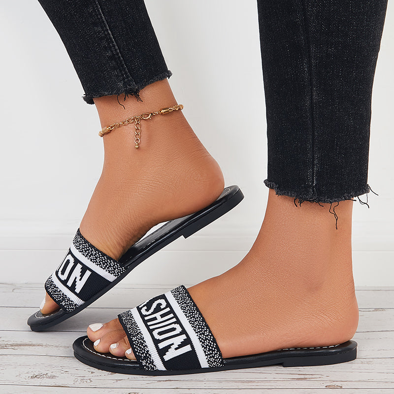 Words Print Slide Sandals Round Toe Flat Slippers