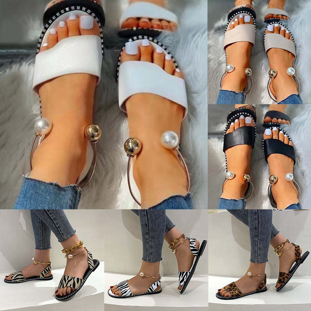 Fashion Casual Open Toe Pearl Decor Flat Sandals