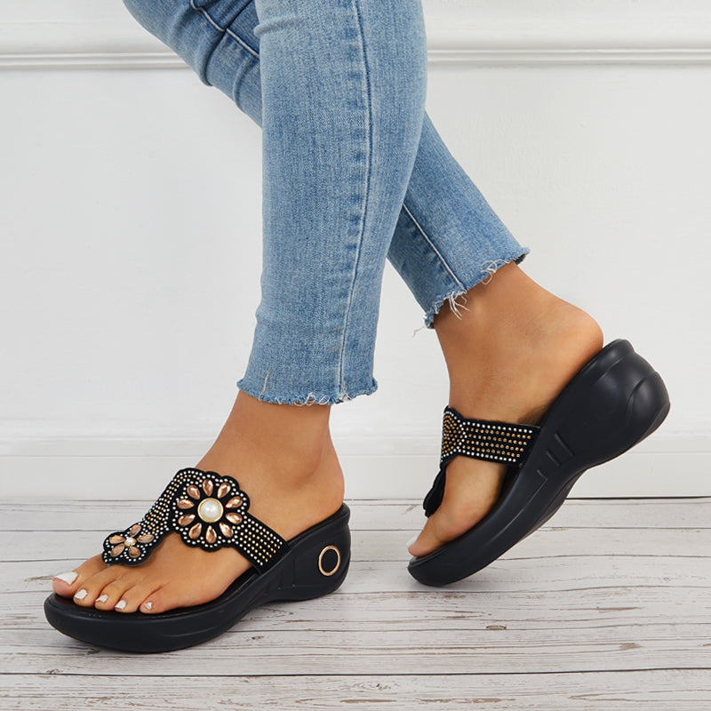 Rhinestone Flip Flop Platform Wedge Slippers Slide Sandals