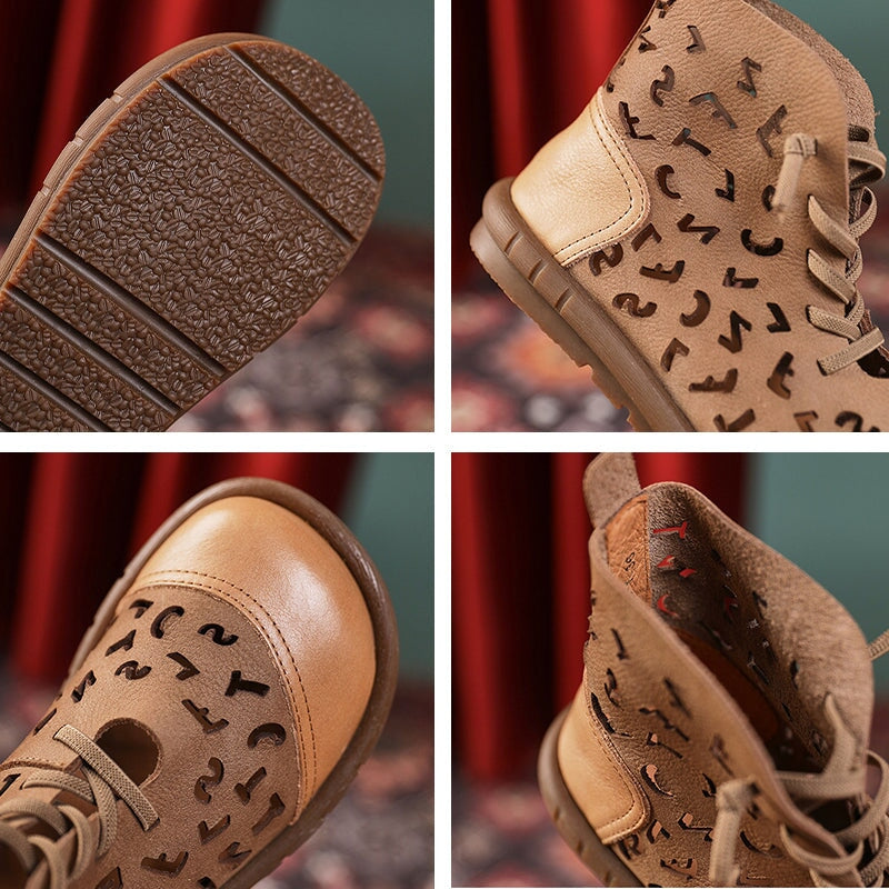 Breathable Perforated Short Boots Cut Out Summer Boots in Khaki/Coffee