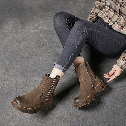 Women's Handmade Chunky Ankle Booties Side Zip in Coffee/Grey