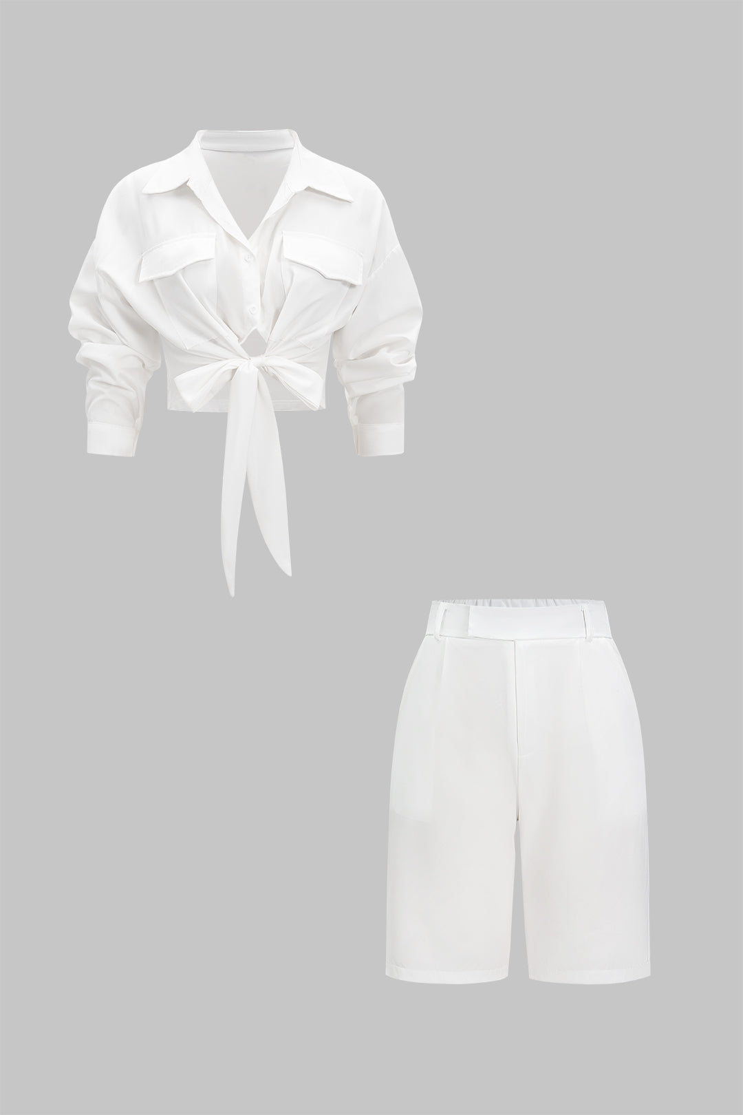 Tie Front Long-Sleeve Shirt And High Waist Shorts Set