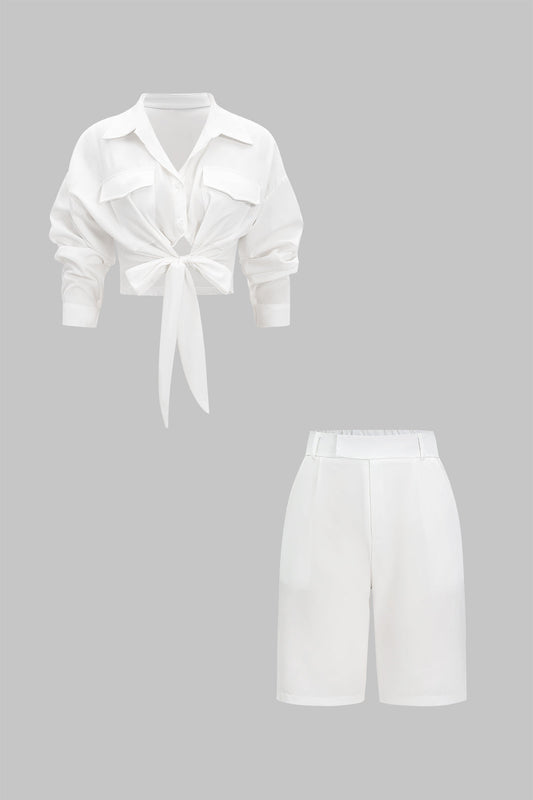Tie Front Long-Sleeve Shirt And High Waist Shorts Set