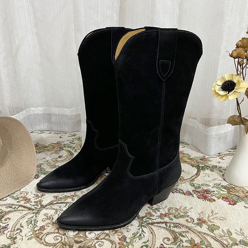 Womens Western Suede Mid Calf Boots Block Heel - Khaki/Black/Grey/Brown Cowgirl Boots All Genuine Leather