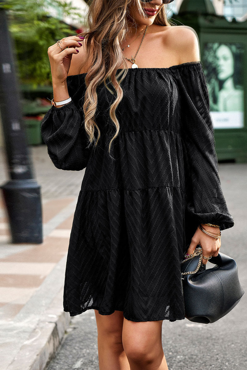 Square Neck Chiffon Jacquard  Long Sleeve Mini dress