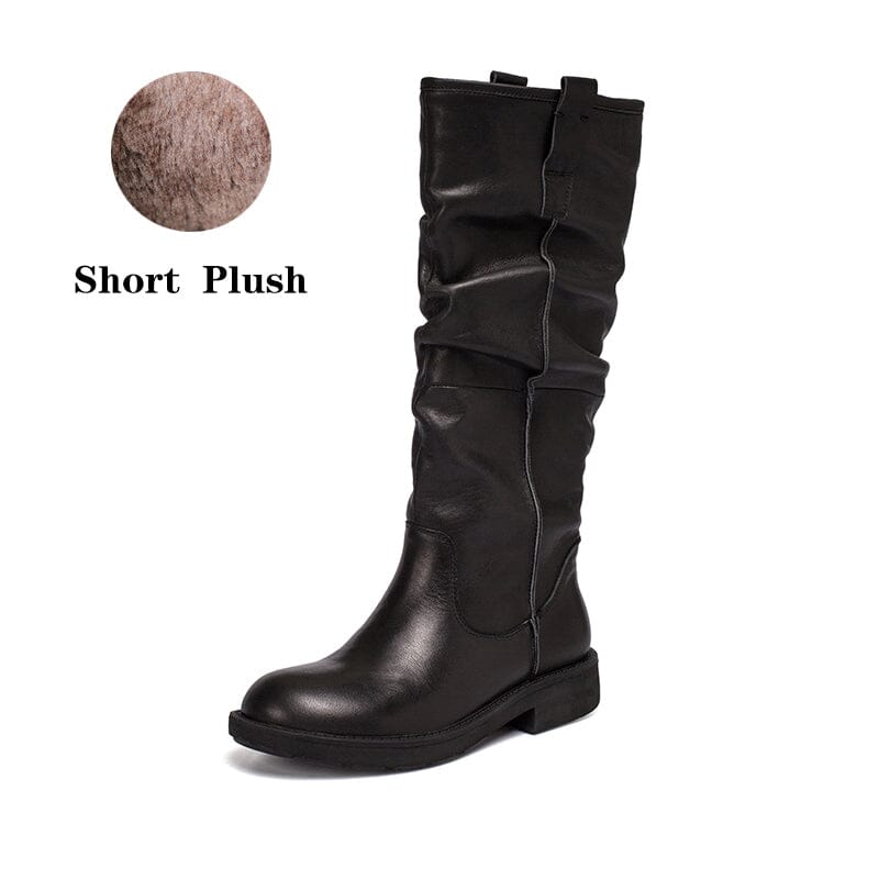 Waxing Leather Knee High Boots Fold Design Riding Boots Buckle Boots in Black/Brown