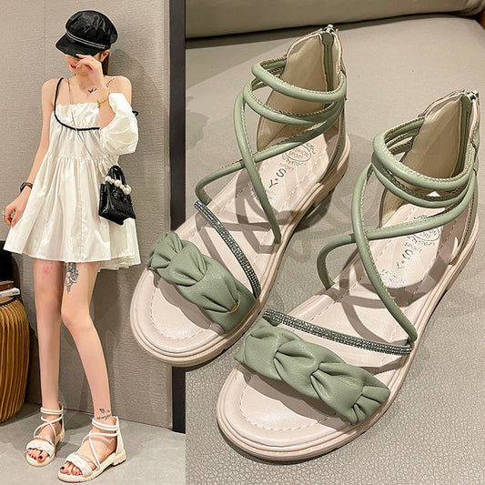 Women's Fairy Style Rhinestone Flat-heeled Cross Strap Sandals