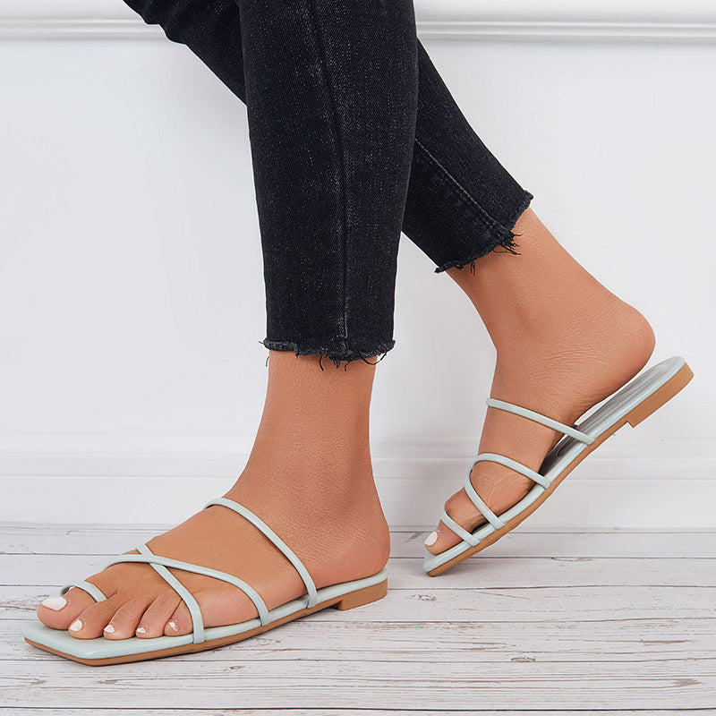 Square Open Toe Loop Slide Sandals Flat Beach Slippers