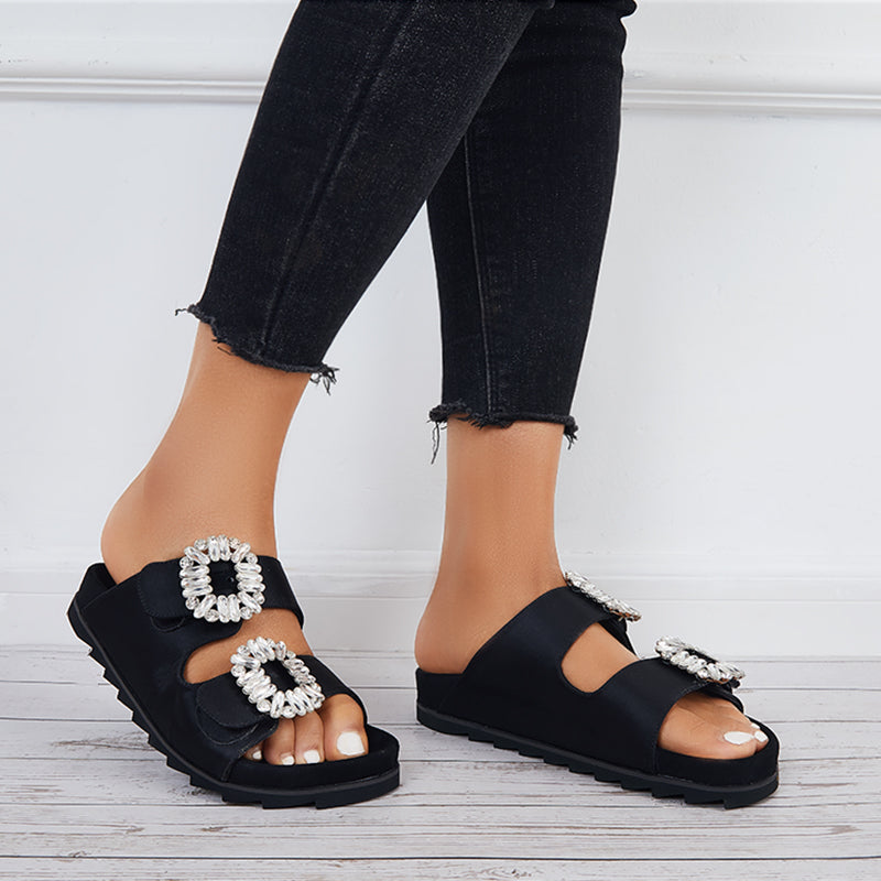 Rhinestone Velcro Platform Slides Slip on Flat Sandals Slippers