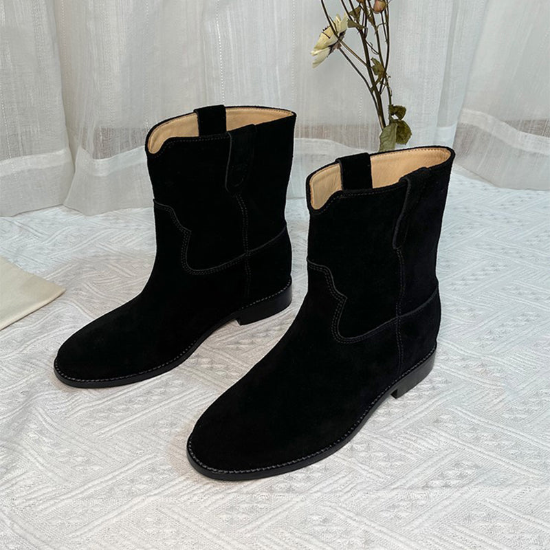 Womens Suede Leather Mid Calf Western Cowboy Boots In Black/Khaki/Brown/Grey