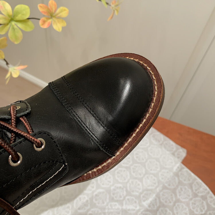 Handmade Leather Derby Boots Biker Boots Lace-Up Combat Boots Chunky Ankle Boots