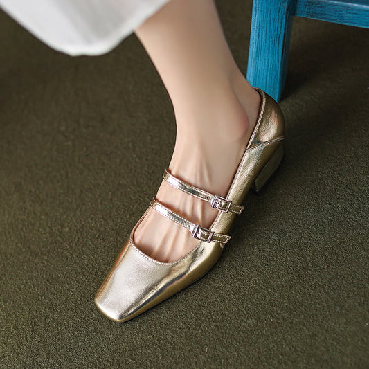 Kally Square Toe Block Heels Mary Jane Shoes