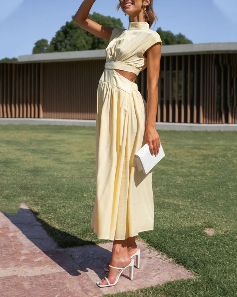 Stand collar off waist solid color long dress