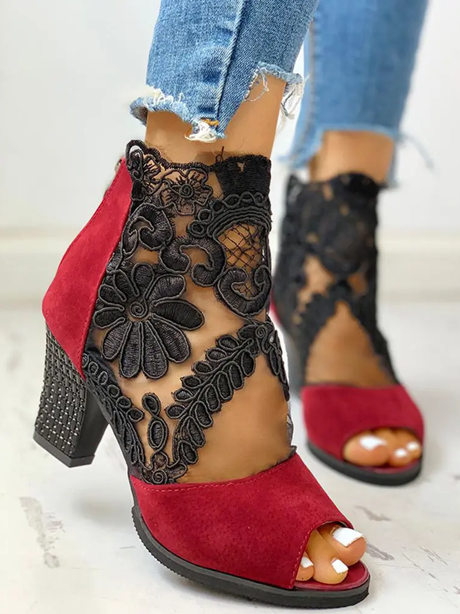 Black Floral Lace Mesh Block Heel Sandals Boots