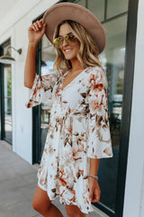 V Neck 3/4 Sleeve Floral Mini Dress