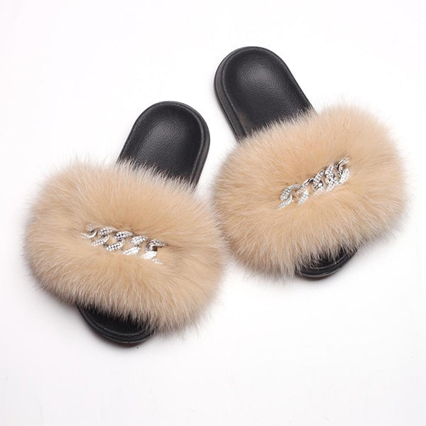 Fur Fluffy Flip Flops Diamond Chain Slippers