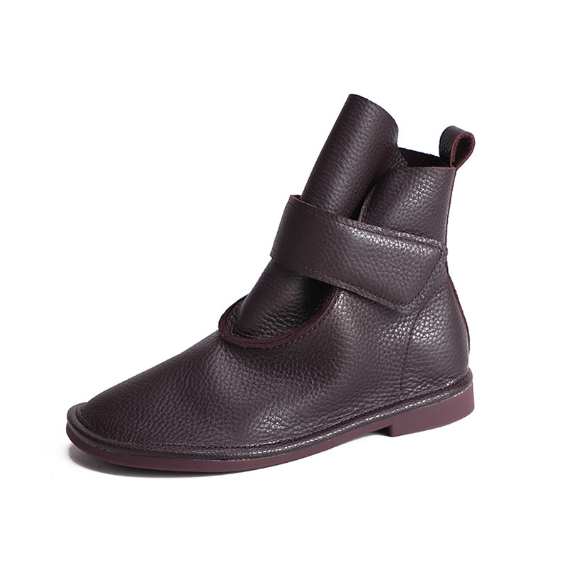 Handmade Women's Leather Booties Round Toe Velcro Flat Ankle Boots Brown/Black/Coffee