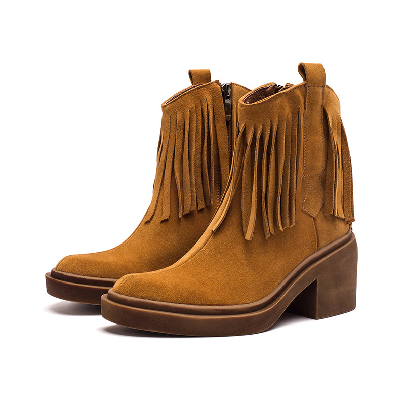 Western R Toe Cowgirl Boots With Tassels Handmade Suede Ankle Boots in Black/Brown