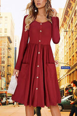 Button Pocket Solid Color Dress