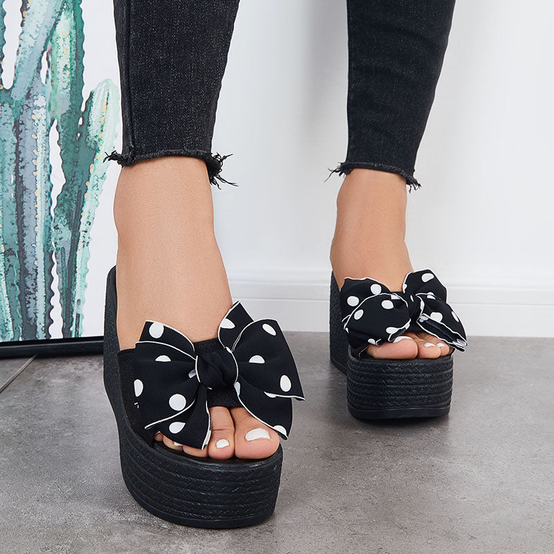 Black Bowknot Platform Wedges Slide Sandals Slip on Beach Slippers