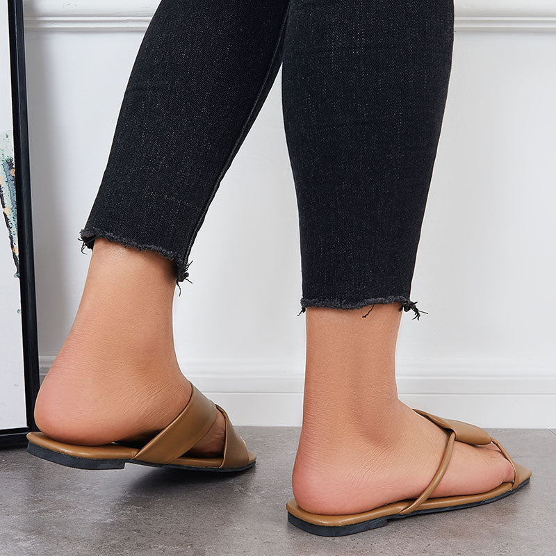 Criss Cross Slide Sandals Casual Square Toe Flat Slippers