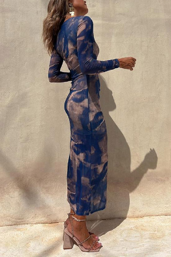 Charm Lady Mesh Overlay Tie Dye Print Long Sleeve Ruched Stretch Midi Dress