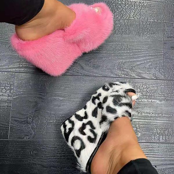 Chic Fur Platform Wedge Slippers