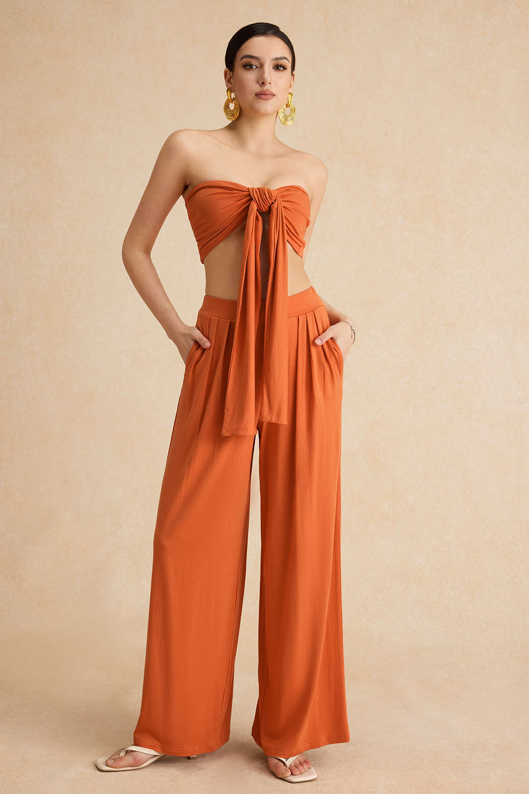 Tie Knot Front Ruched Tube Top And Pleated Wide Leg Pants