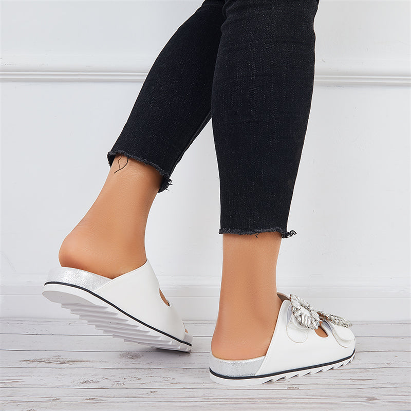 Rhinestone Velcro Platform Slides Slip on Flat Sandals Slippers