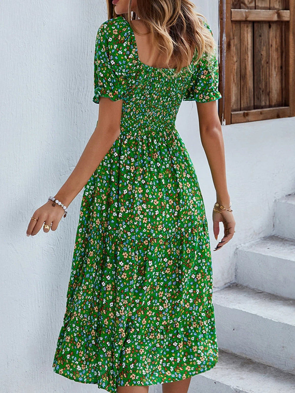 Temperament Print Green Scoop Neck Midi Dress