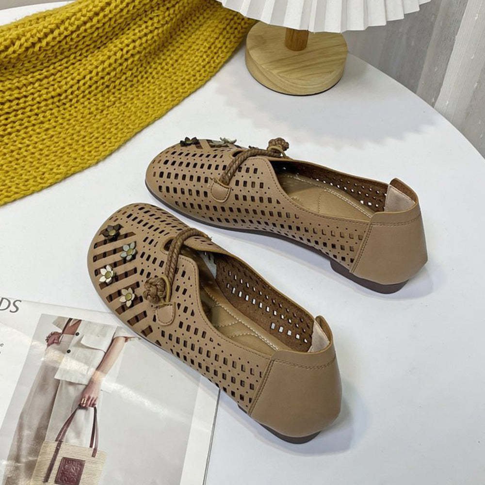 Vintage Flower Hollow Out Round Toe Flats