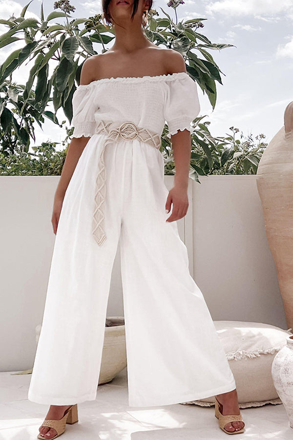 White One-piece with A One-line Collar and Bubble Sleeves